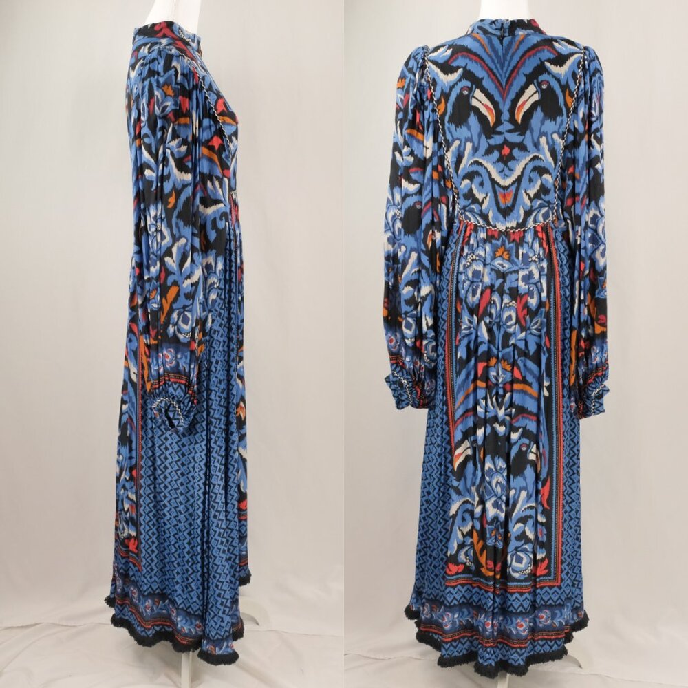 Farm Rio Gathered Printed Crepe de Chine Bishop-Sleeve Maxi Dress, Blue/Red, L - Picture 3 of 14